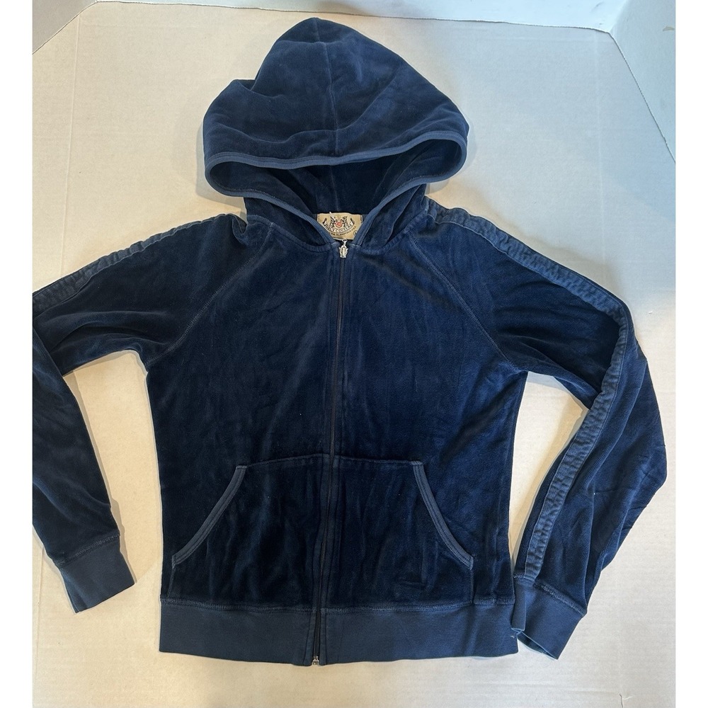 Juicy Couture Velour Track Jacket Full Zip Hoodie Navy Blue Size Medium